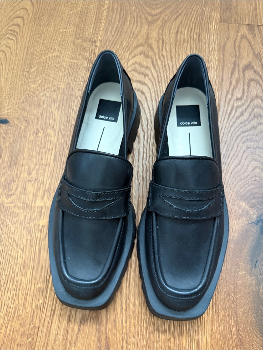 Dolce Vita Black Leather Square-Toe Penny Loafers